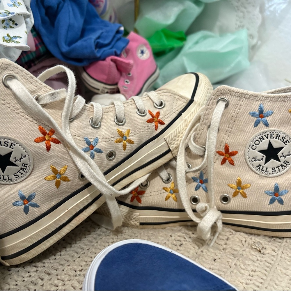 Converse Cream High-Tops with Multicolor Floral Design